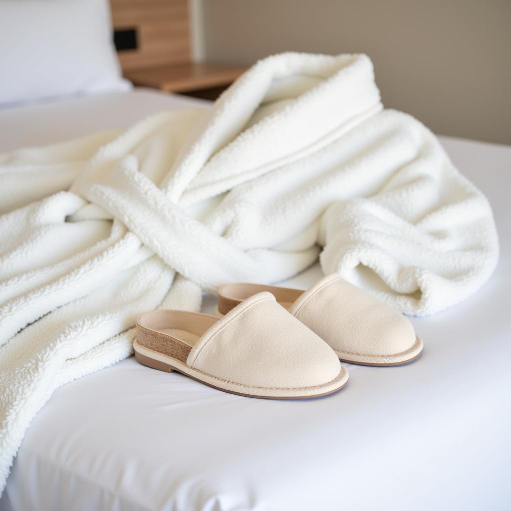 Fluffy white spa robe and slippers on a bed.