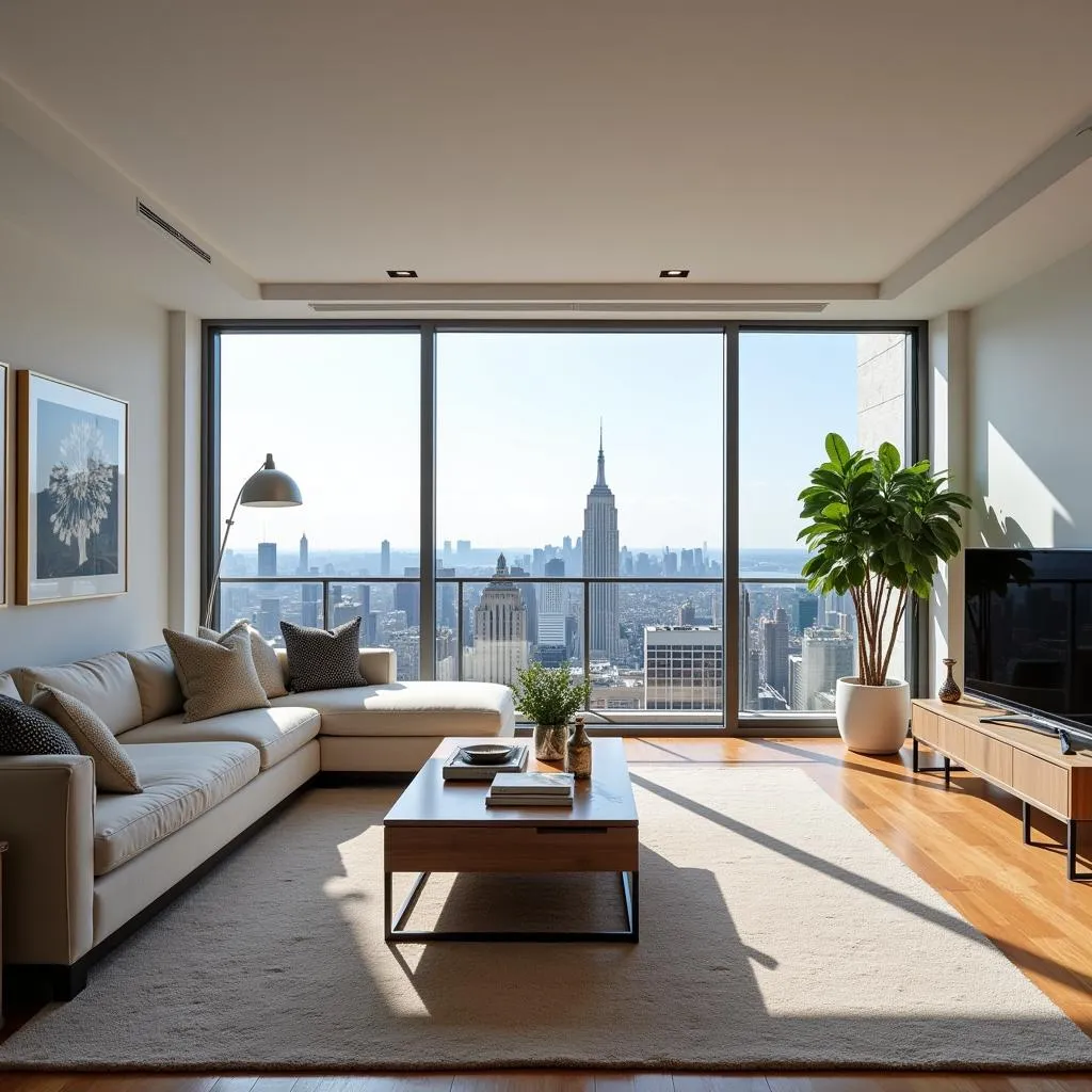 Modern apartment living room with panoramic city views