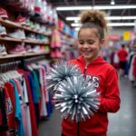 Cheerleader shopping for pom poms in a specialty store