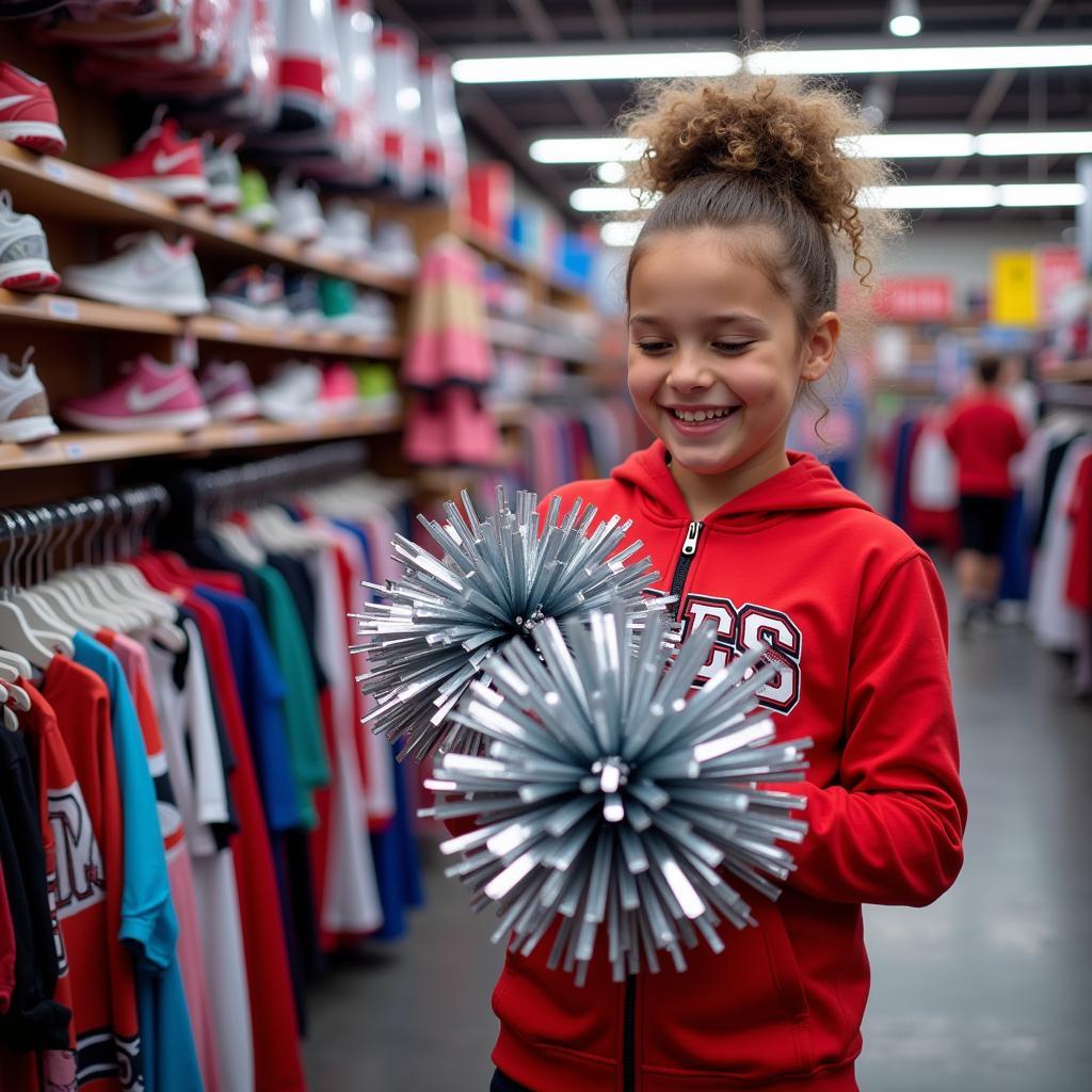 Cheerleader shopping for pom poms in a specialty store