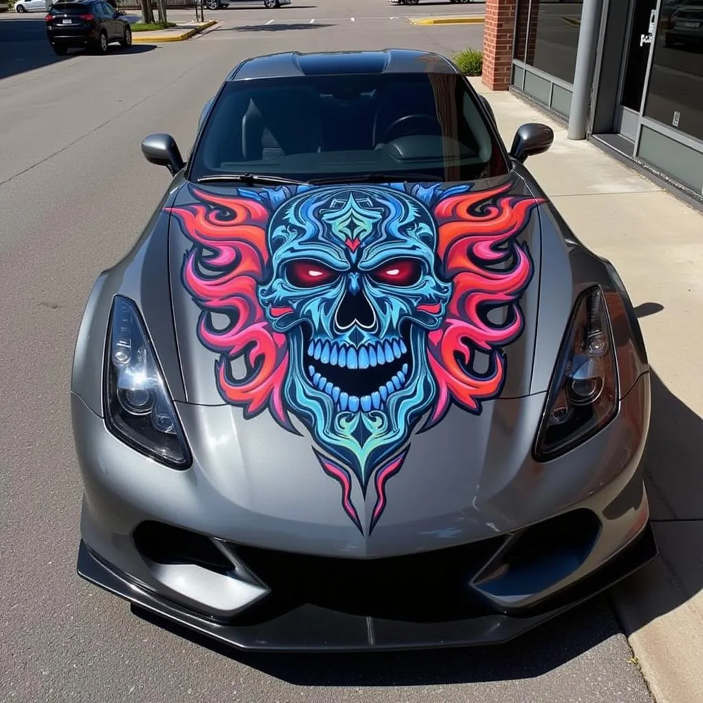 Sports car with custom hood decal