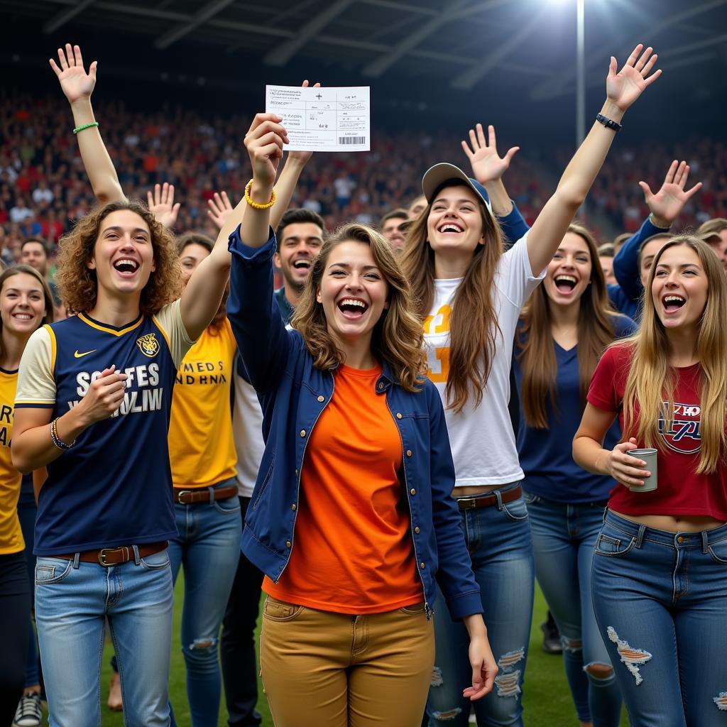 Excited sports fans celebrating winning a giveaway