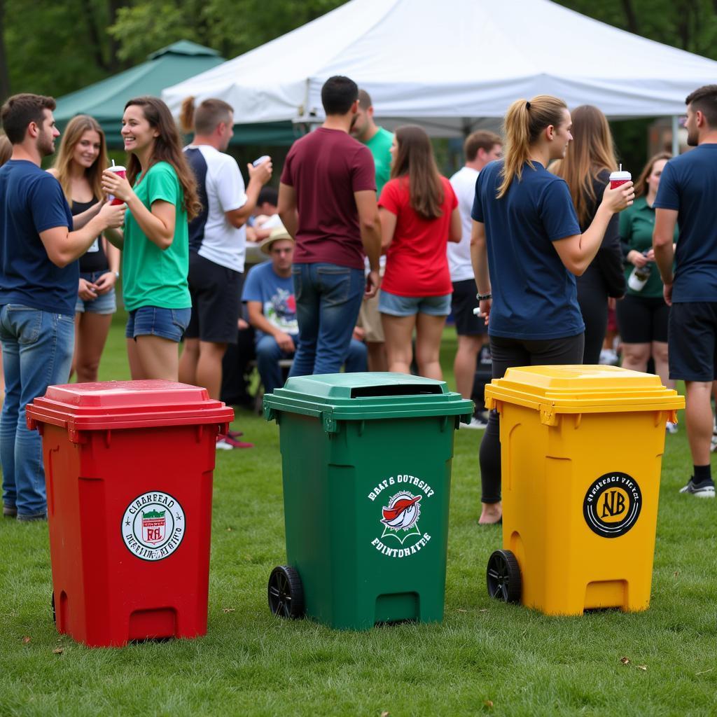 Sports garbage cans at a tailgate party