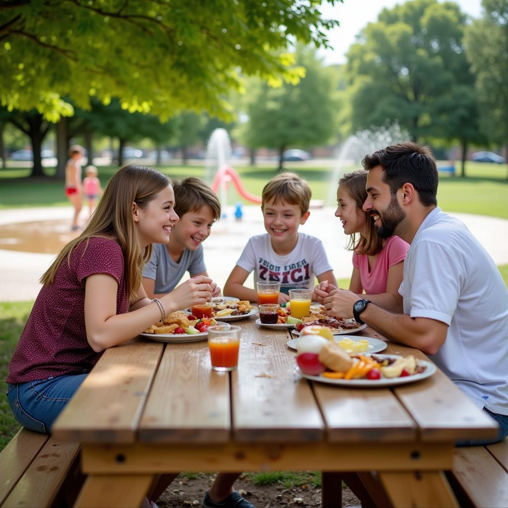 A family having a picnic at a splash pad in Springfield IL