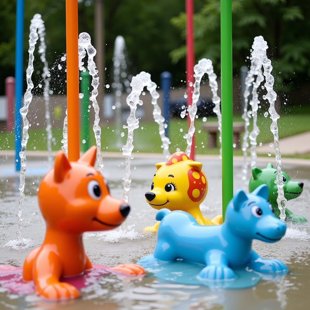 A splash pad in Springfield IL with various water features