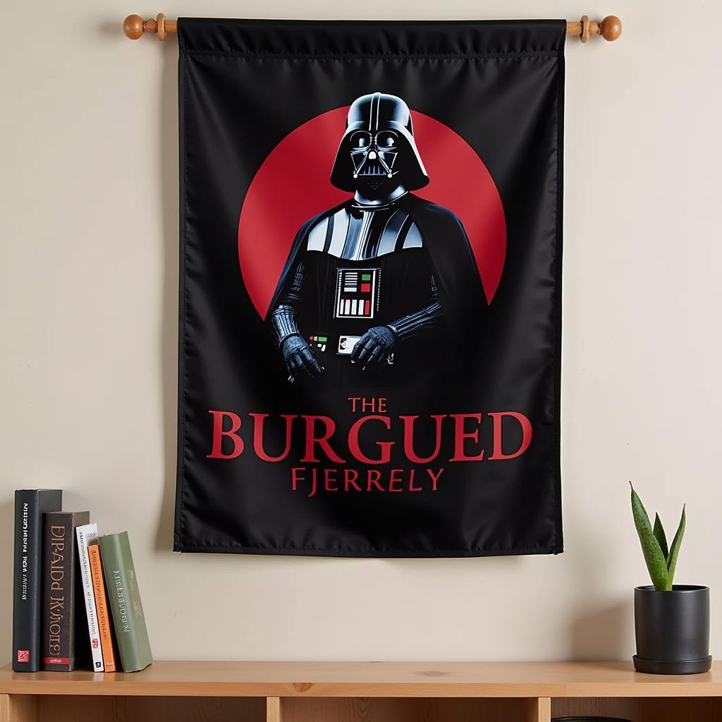 A Star Wars garden flag hanging inside a room