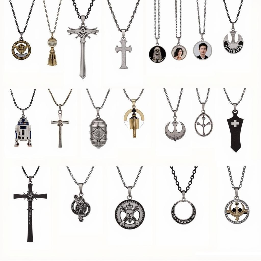 A collection of various Star Wars jewelry pieces, including necklaces, earrings, rings, and bracelets, displayed against a starry background.