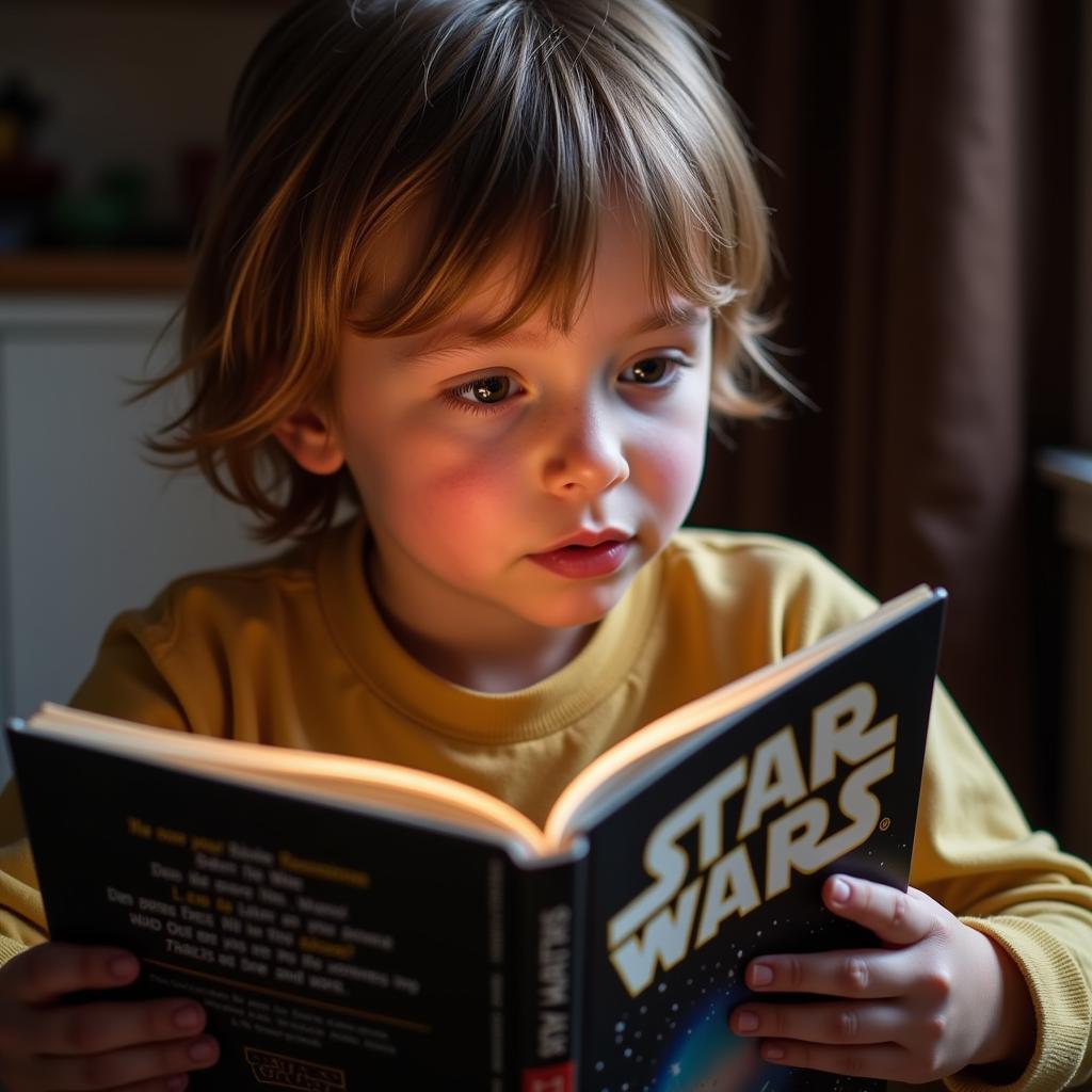 A child engrossed in a Star Wars storybook