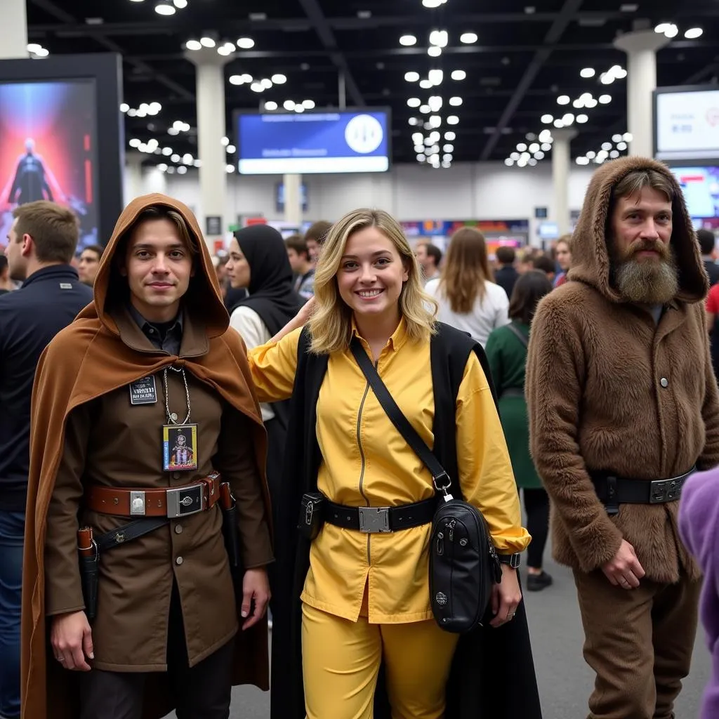 Fans dressed up as Star Wars characters at a fan convention.