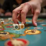 Close-up shot of a player strategically placing dice on a game board with resource icons, highlighting the decision-making process