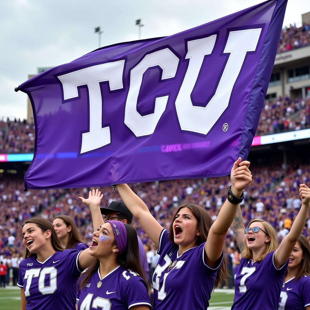 Students excitedly holding a large TCU flag at a football game