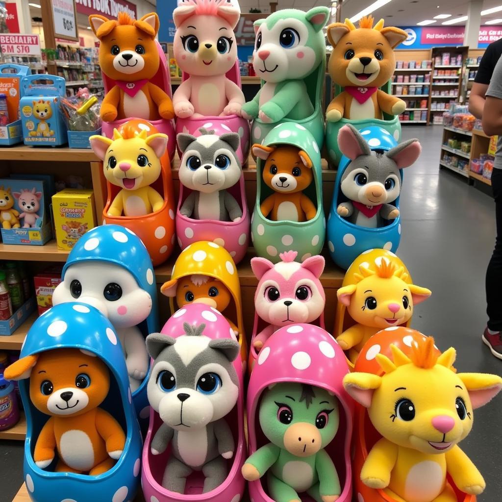 Stuffed animals in eggs displayed in a toy store