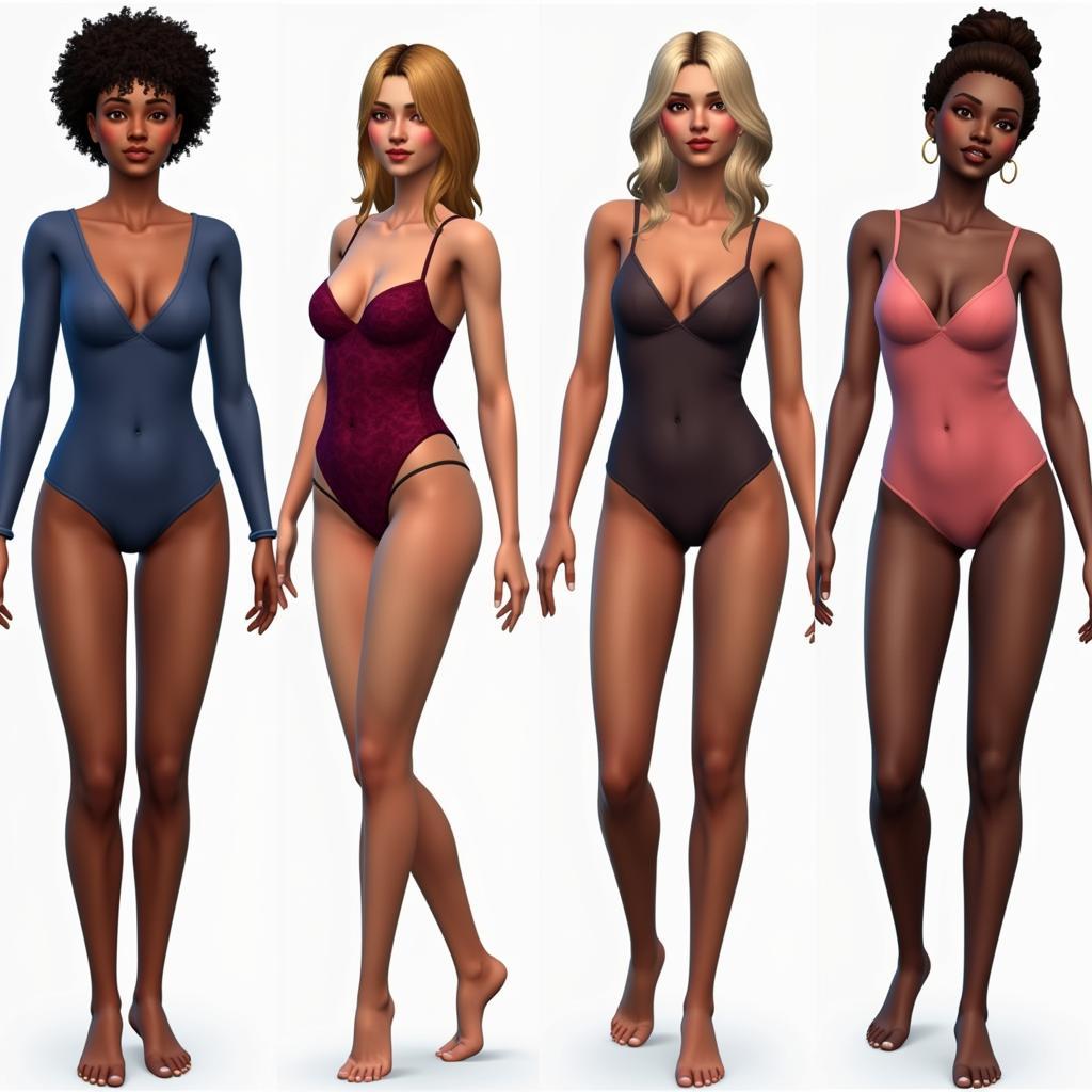 Sims 4 characters wearing various bodysuit CC