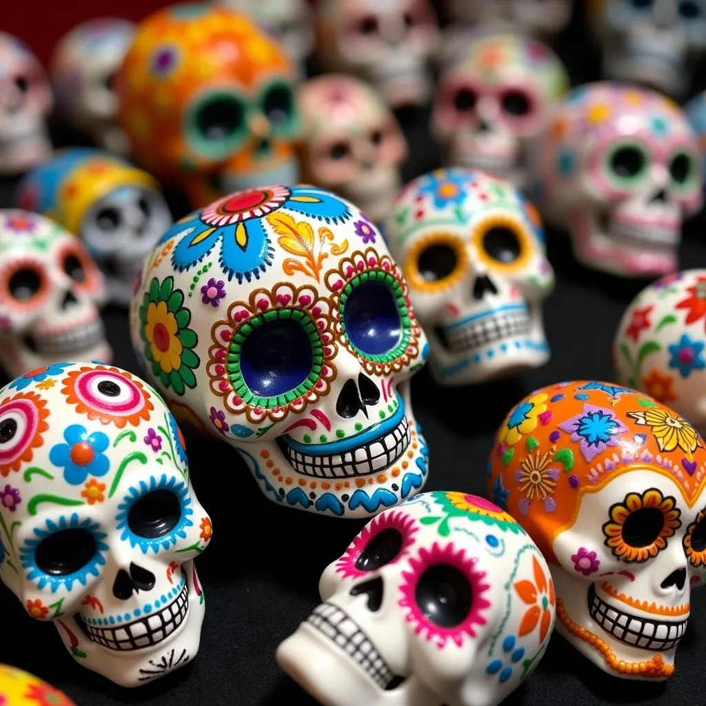 A variety of colorful sugar skulls arranged for Dia de Los Muertos