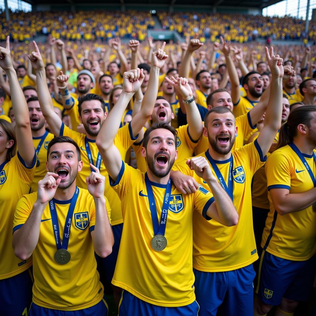 Swedish football fans celebrating a victory