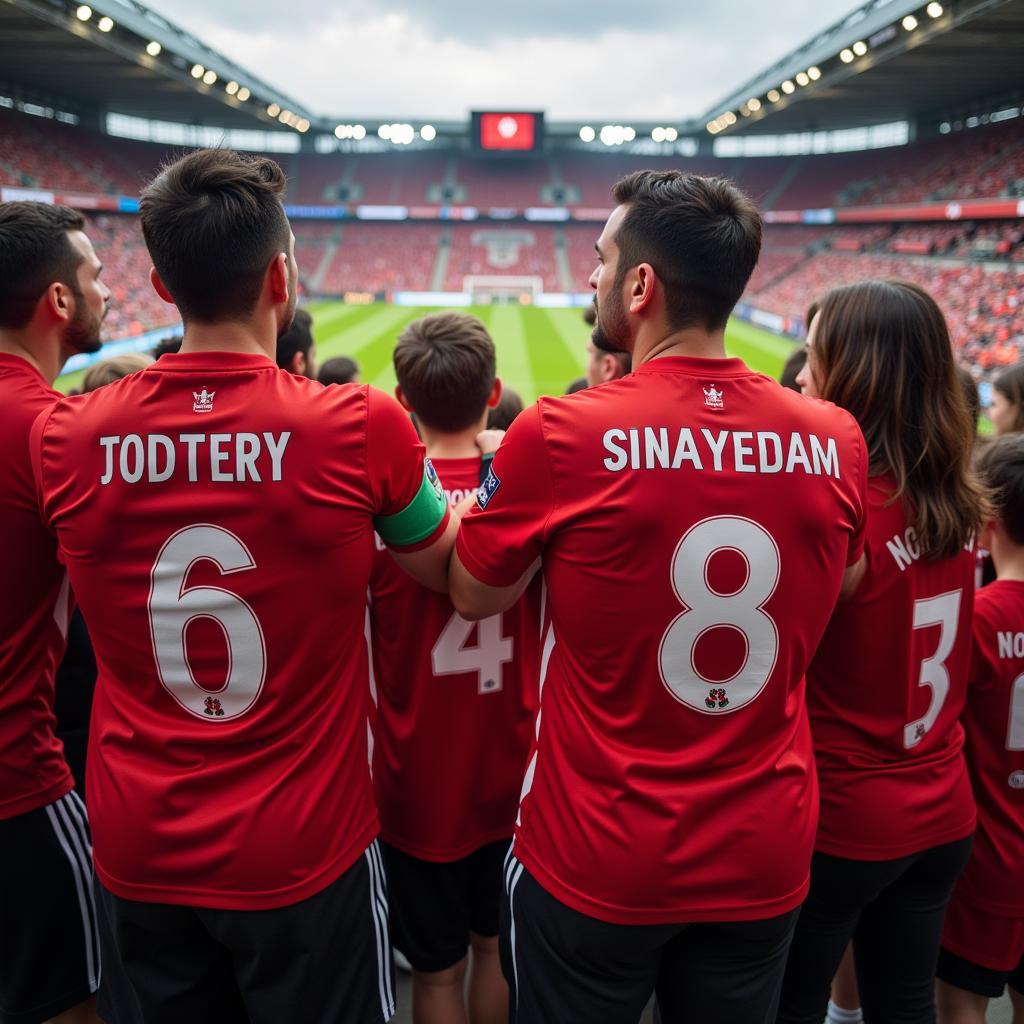 Swiss fans proudly wearing their national team jerseys at a football match