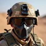 Soldier wearing a tactical mask helmet in a combat zone