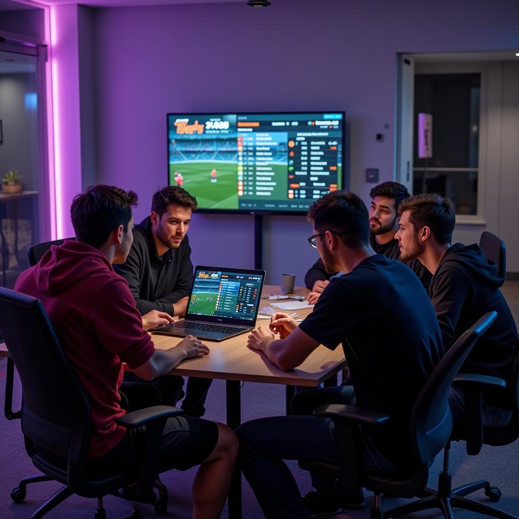 Team discussing strategy with benched player