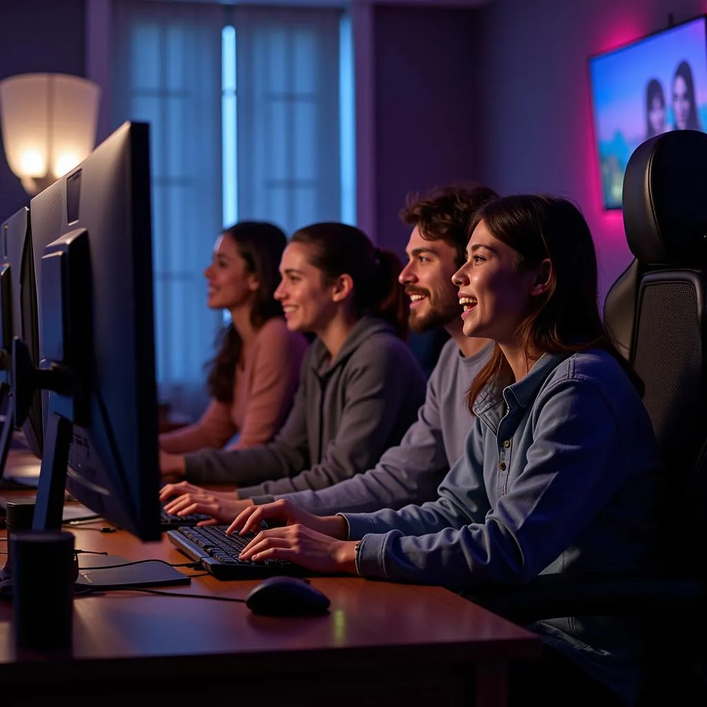 Team of gamers collaborating in an online game