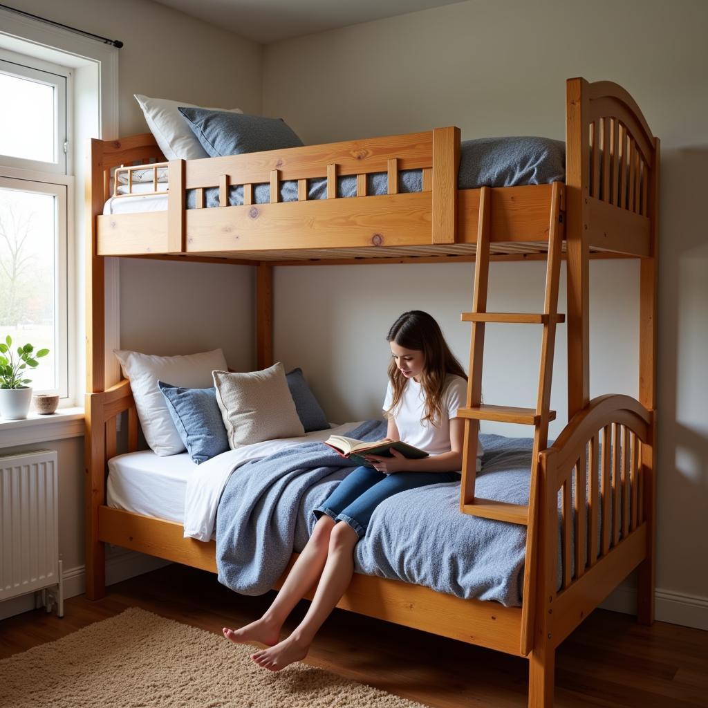 A teenager enjoying the privacy of a top bunk