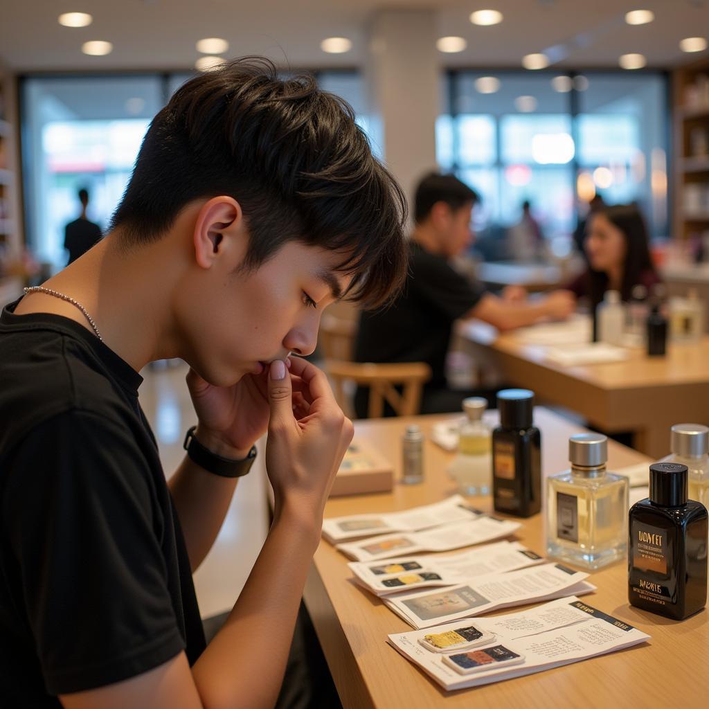 Man testing cologne in a Philippine department store