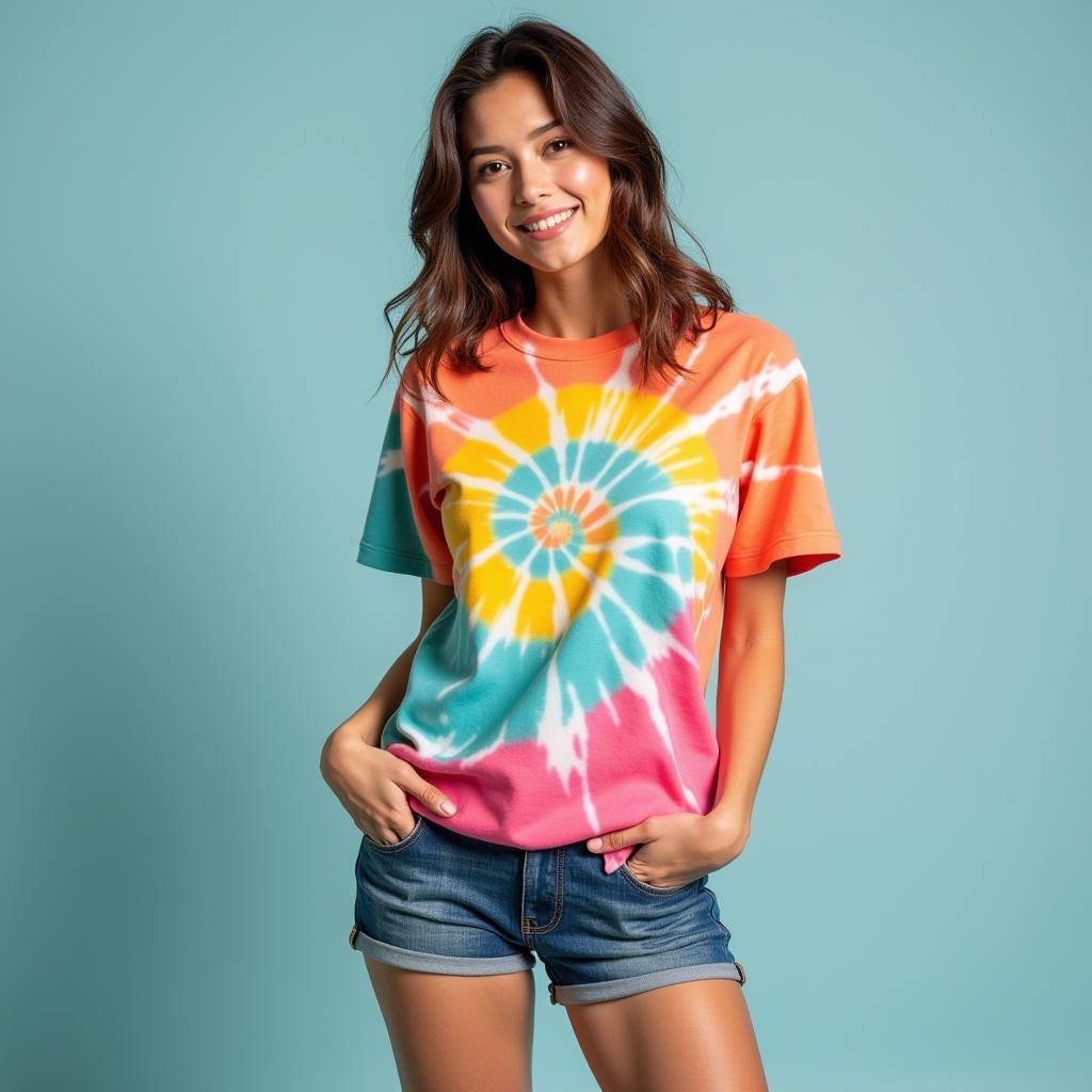 Woman wearing a tie-dye t-shirt and denim shorts