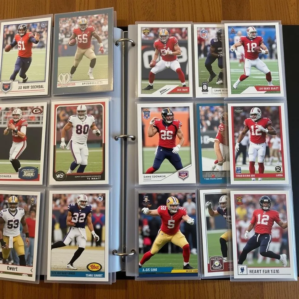 A collection of TJ Watt football cards in protective sleeves