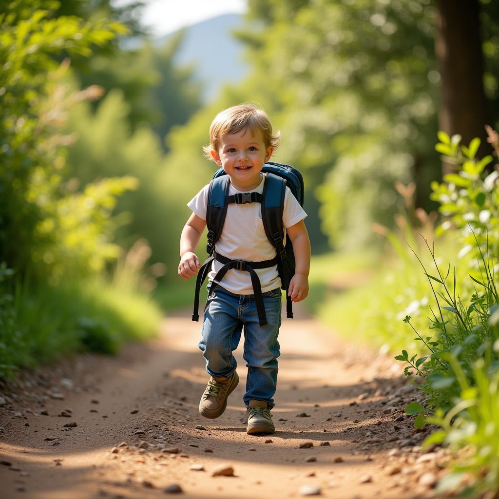 Happy toddler exploring a hiking trail