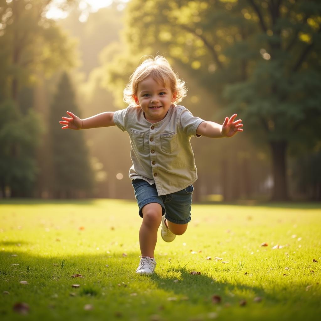 Toddler running happily in a park