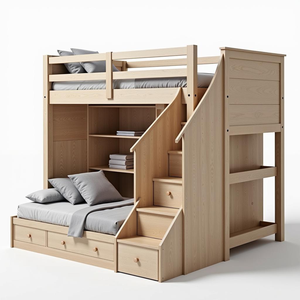 A modern top bunk bed with built-in stairs and storage