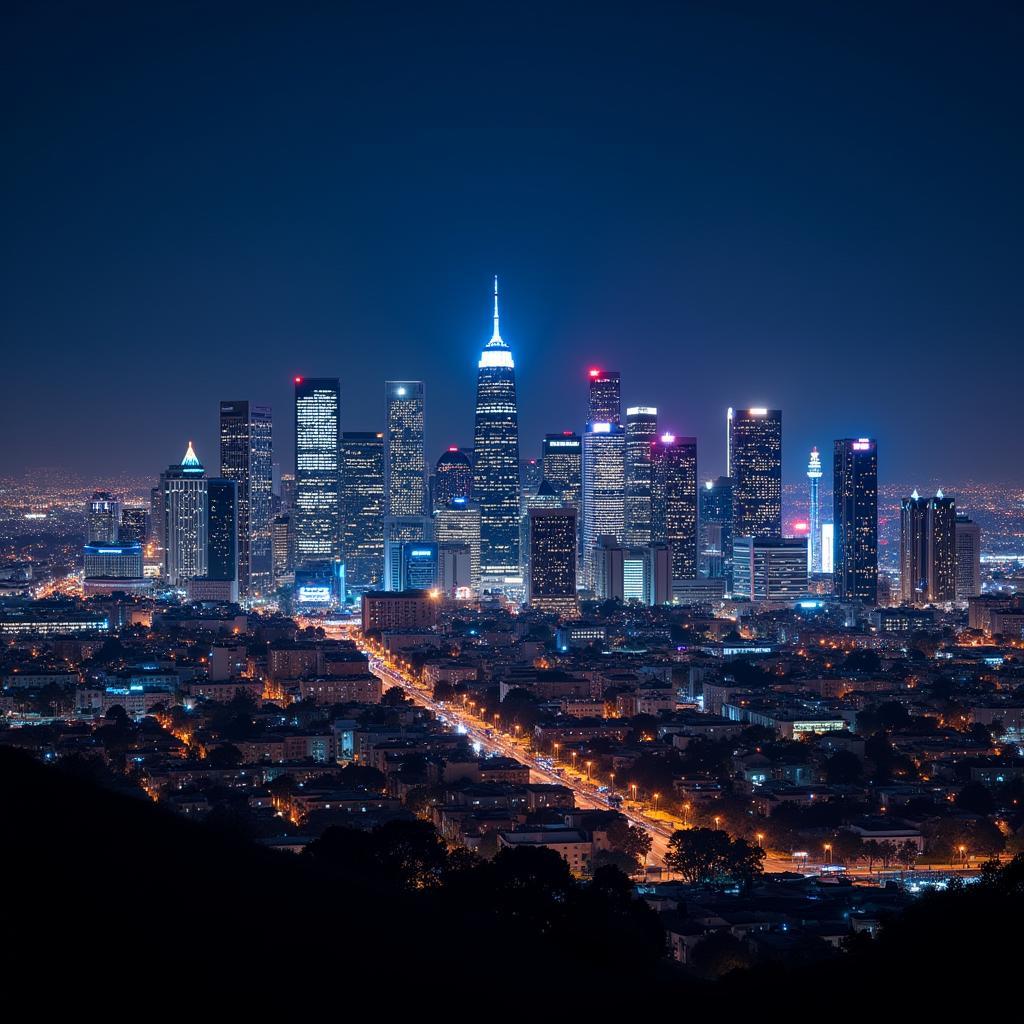 Los Angeles skyline at night, with office buildings lit up, representing the thriving tech and game dev industries.