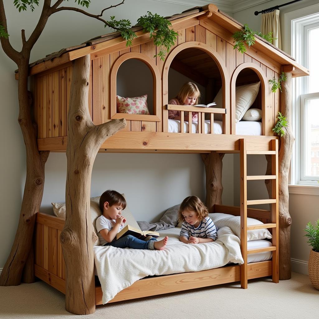 Children reading books in a treehouse themed bunk bed