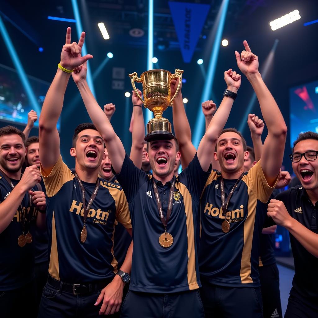 Esports team celebrating with a trophy