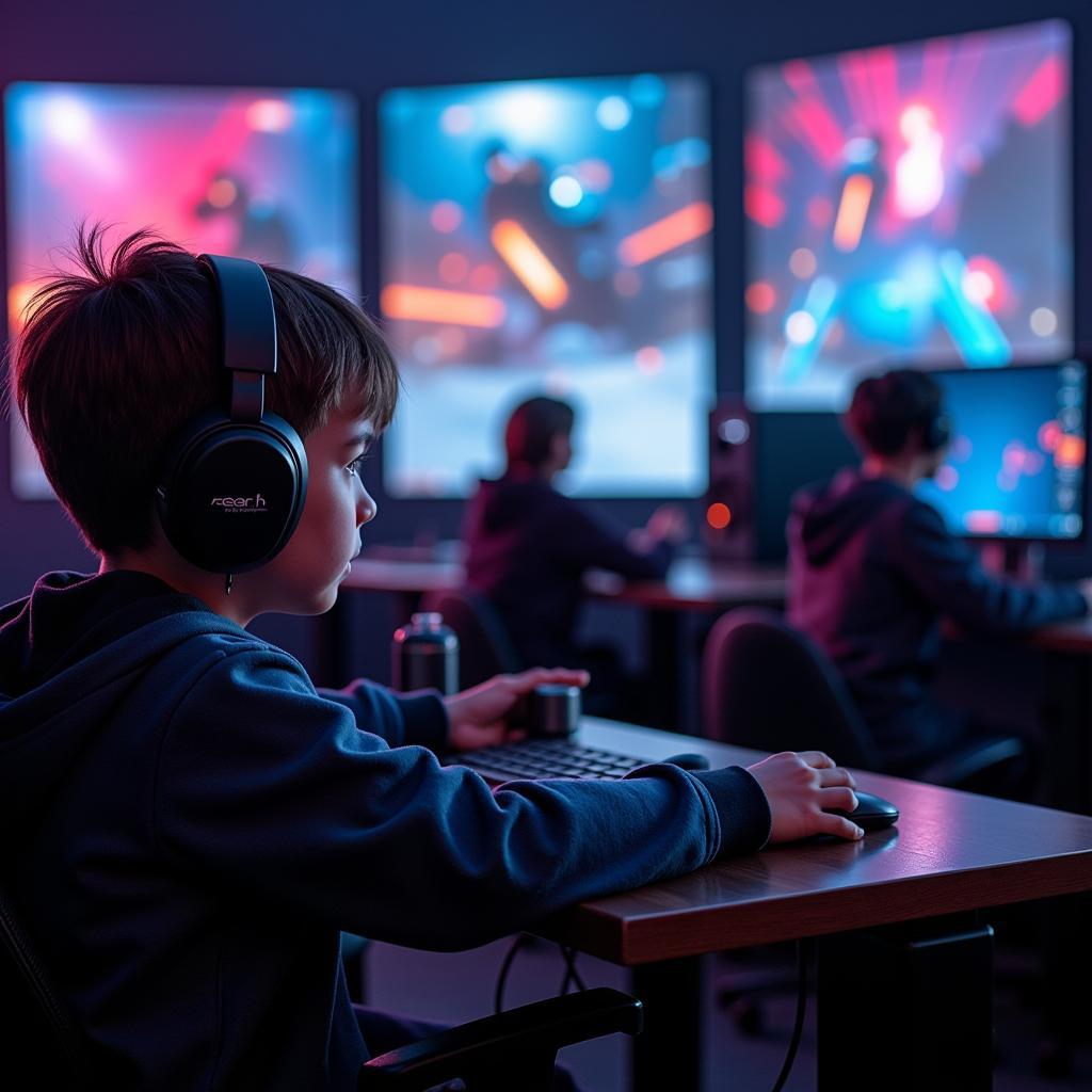 A young esports player watching a match with admiration