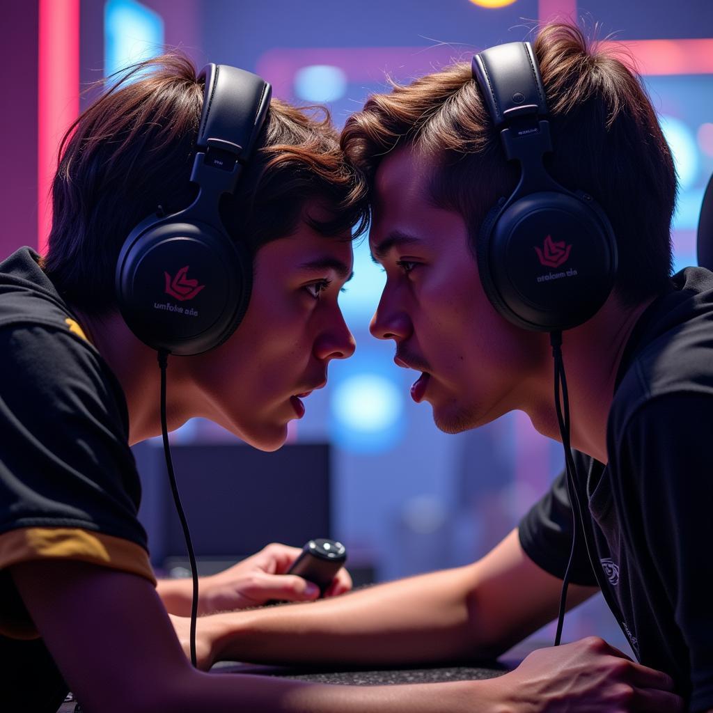 Two esports players facing off intensely