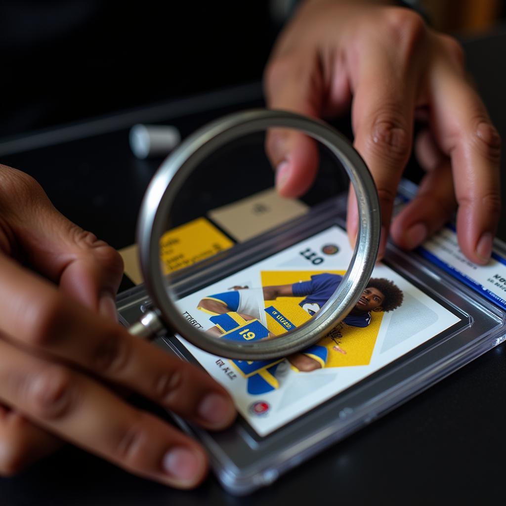 Tyreek Hill rookie card being examined under a magnifying glass