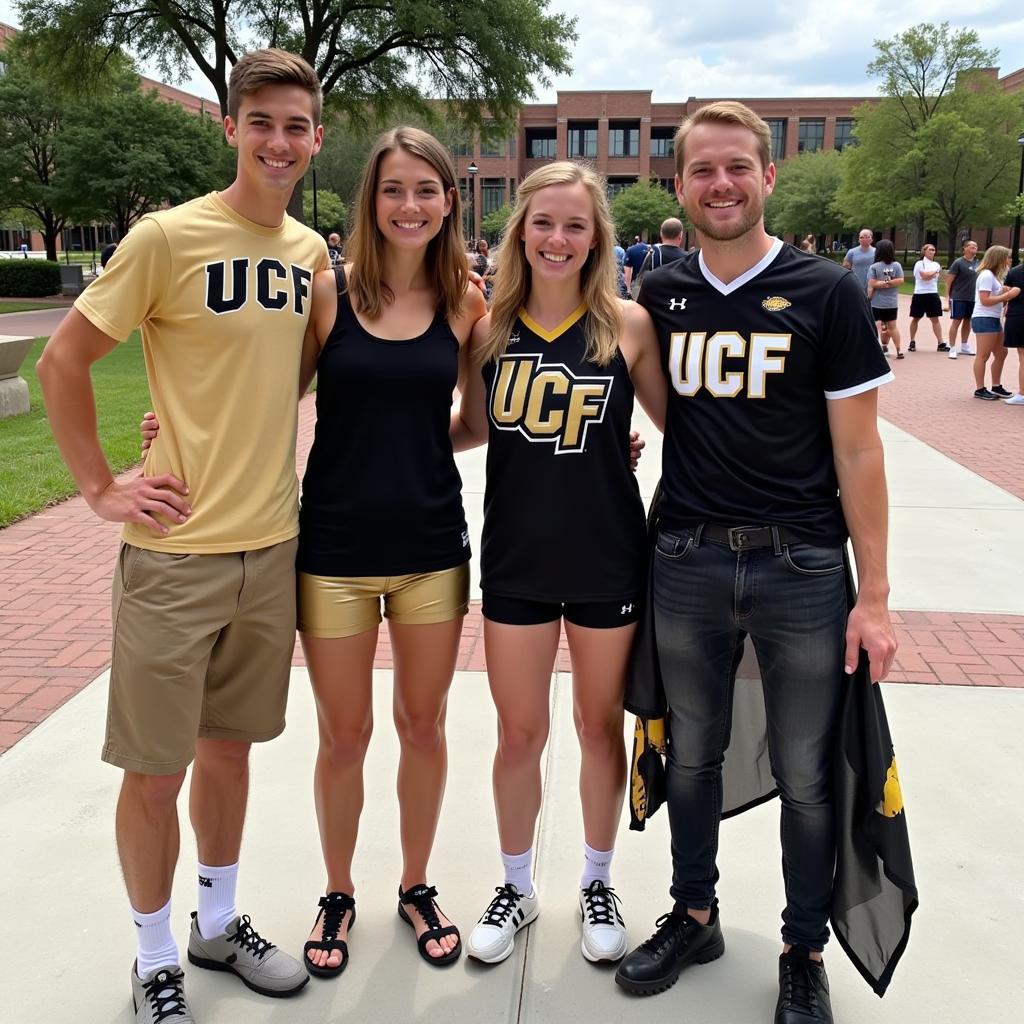 A group of friends posing for a photo on UCF game day. They're all wearing UCF-themed outfits, including jerseys, tank tops, and shorts. One person is holding a UCF flag.  