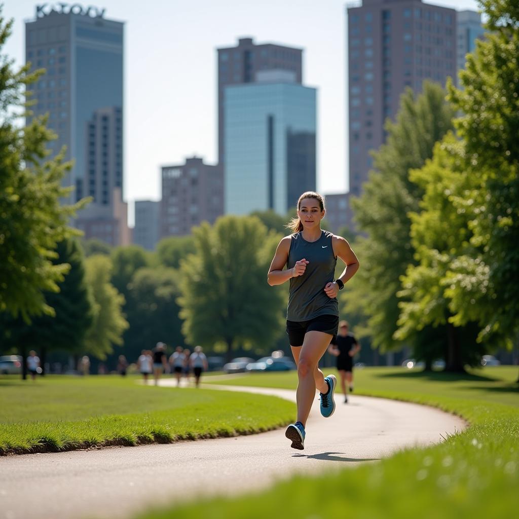 A person running through a city park