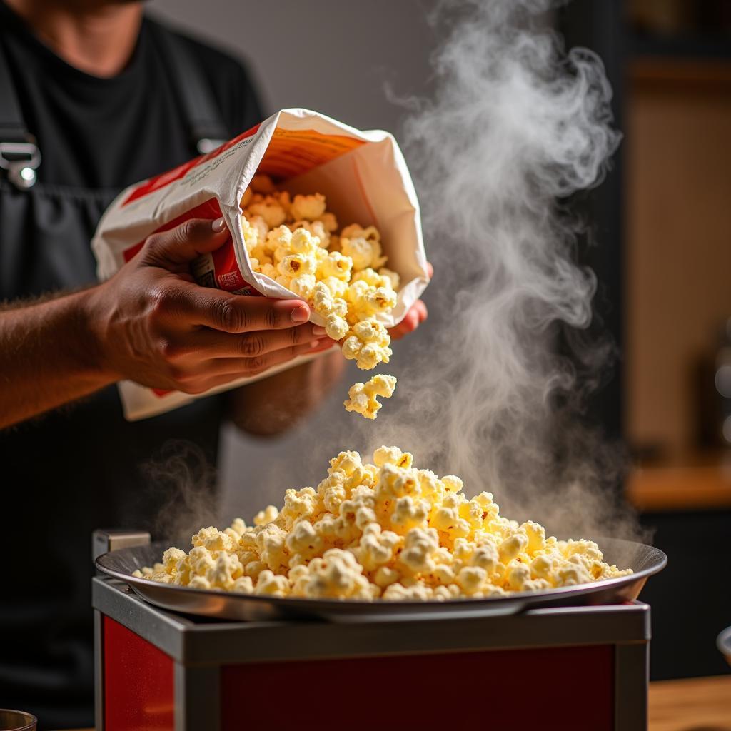  Person pouring a popcorn pack into a machine 