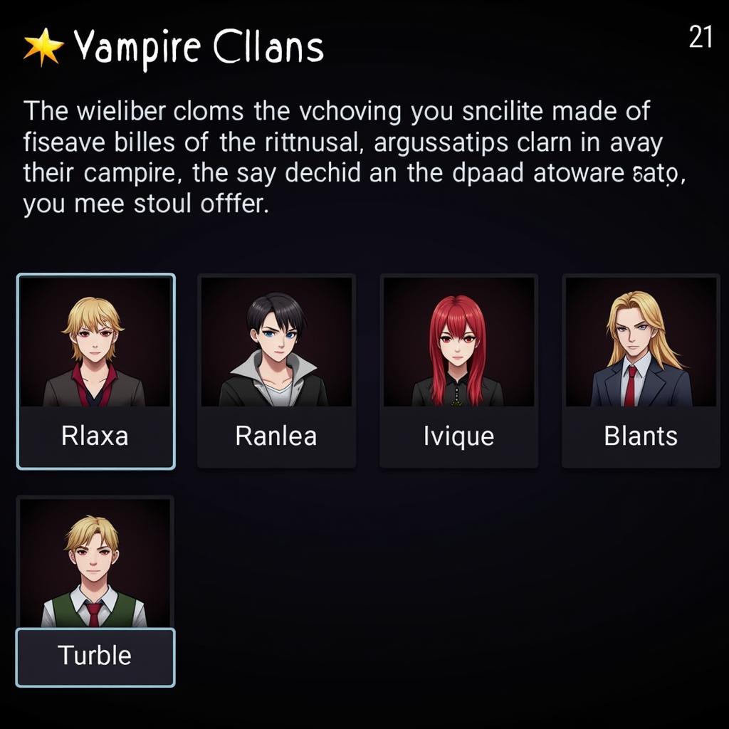 Close-up of a vampire character selection screen