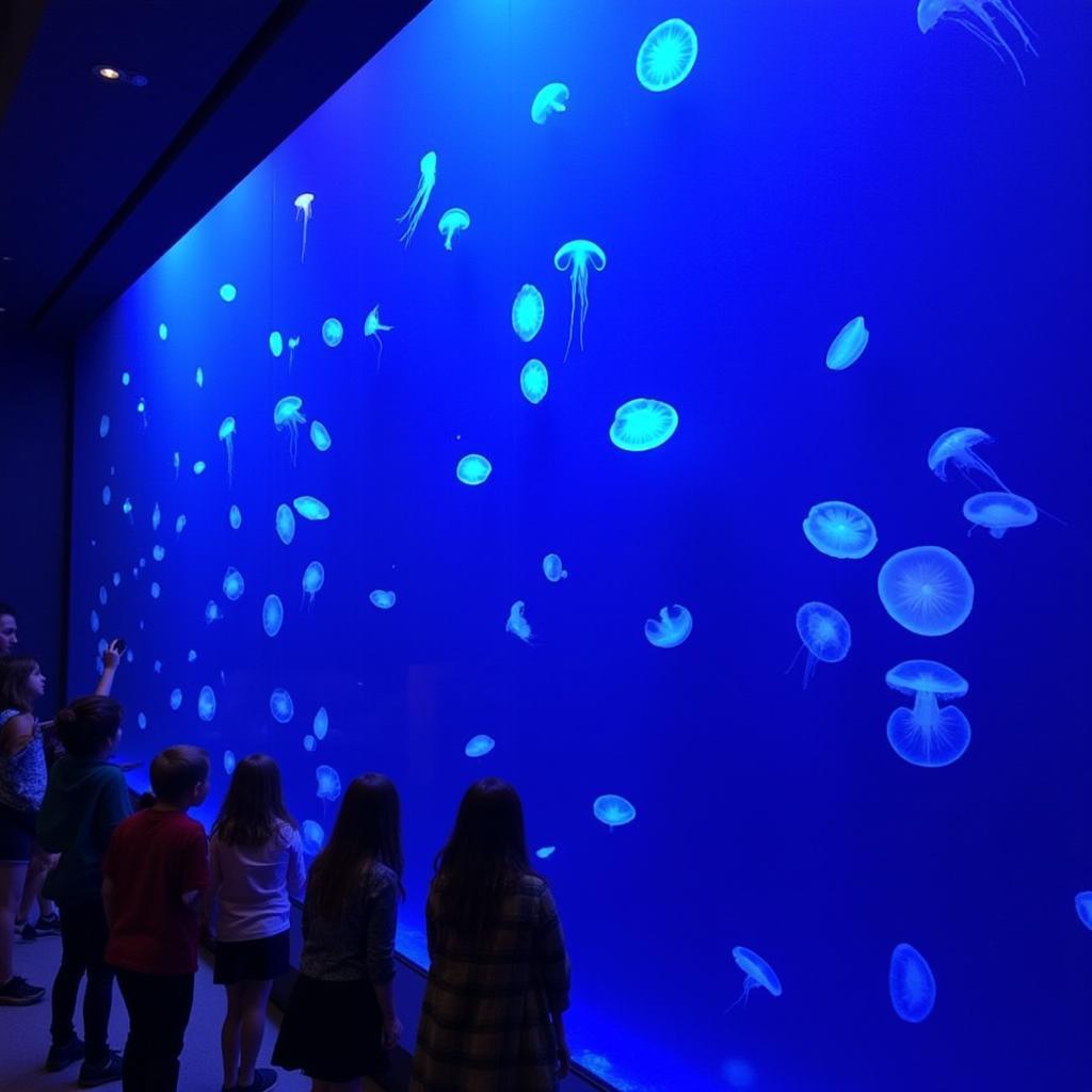 Jellyfish illuminated in a dark tank at the Vancouver Aquarium