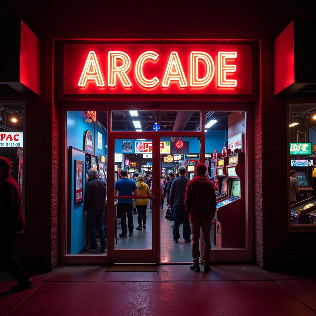 Neon sign of a Vancouver arcade