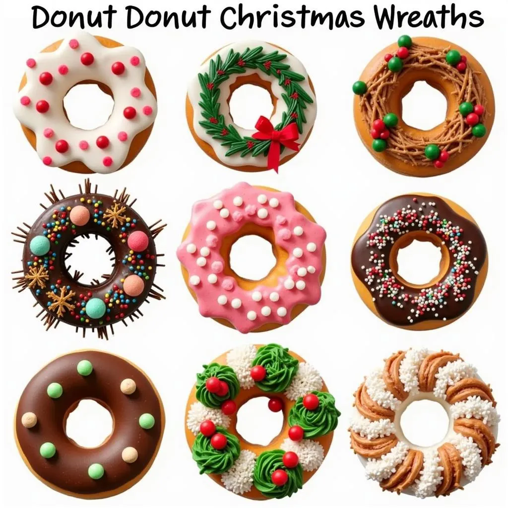 A variety of donut Christmas wreaths showcasing different themes, decorations, and donut arrangements.