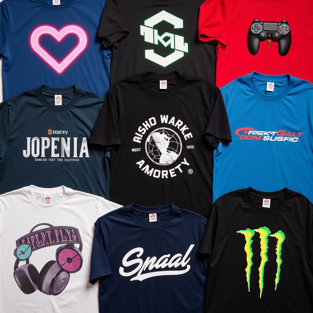 A collection of gaming shirts with different sponsor logos.