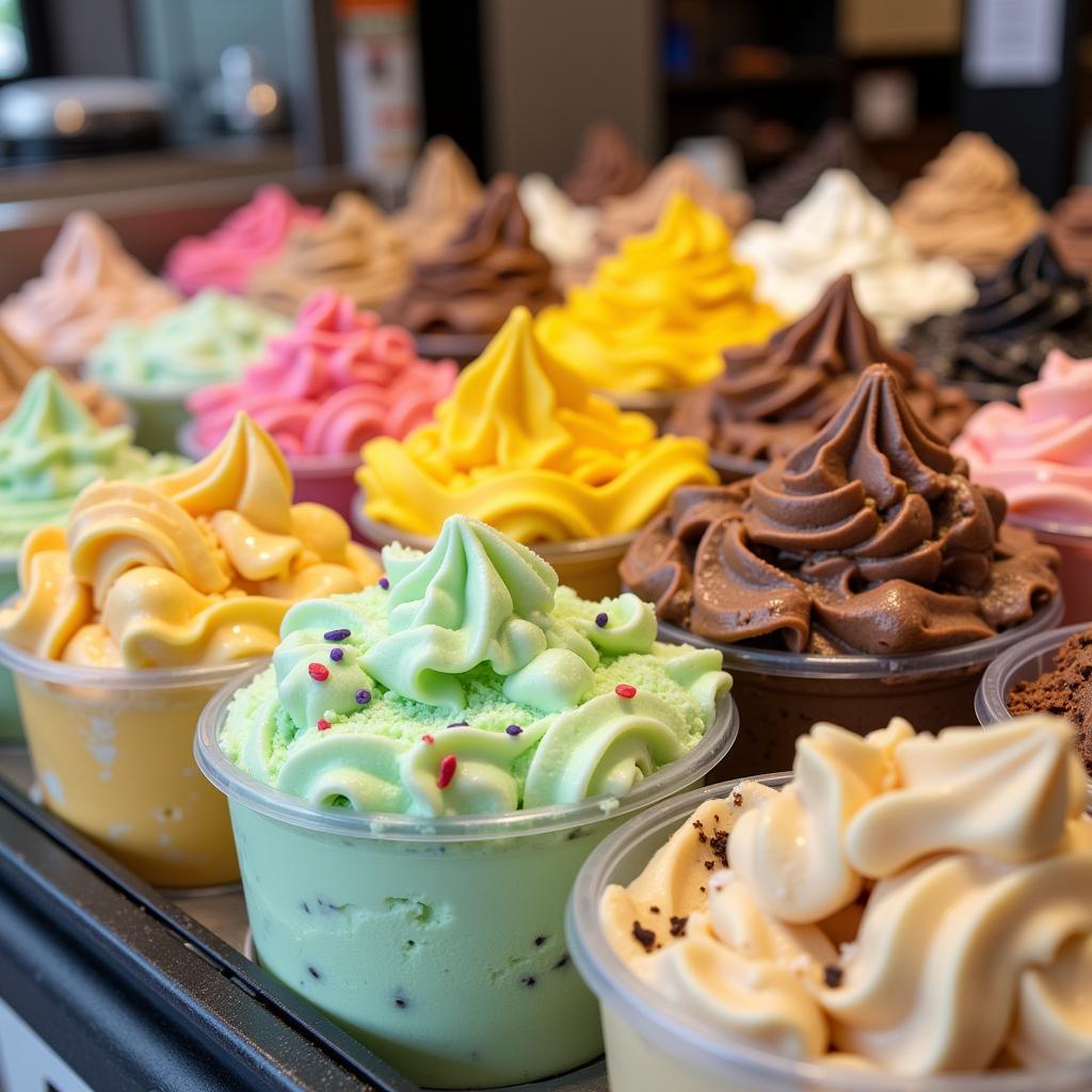 Scoops of different ice cream flavors arranged in a row, showcasing a vibrant and enticing selection.