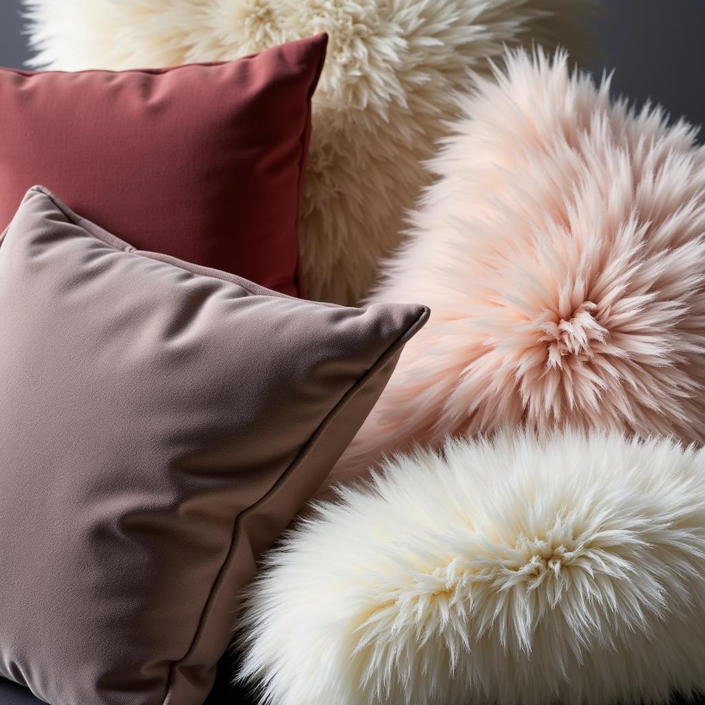 A collection of throw pillows in various luxurious fabrics like velvet, silk, and fur