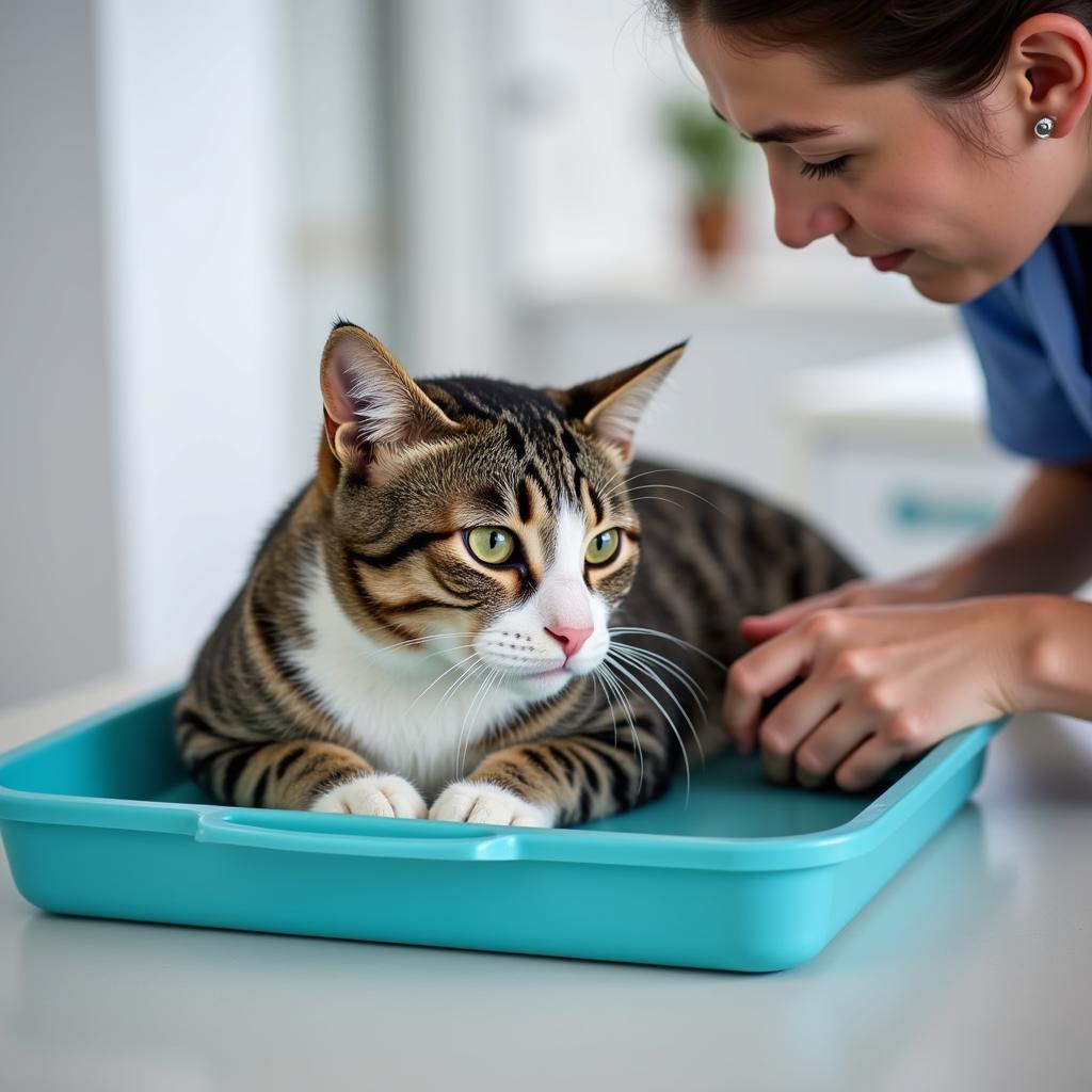 Veterinarian in a clinic gently examining a cat