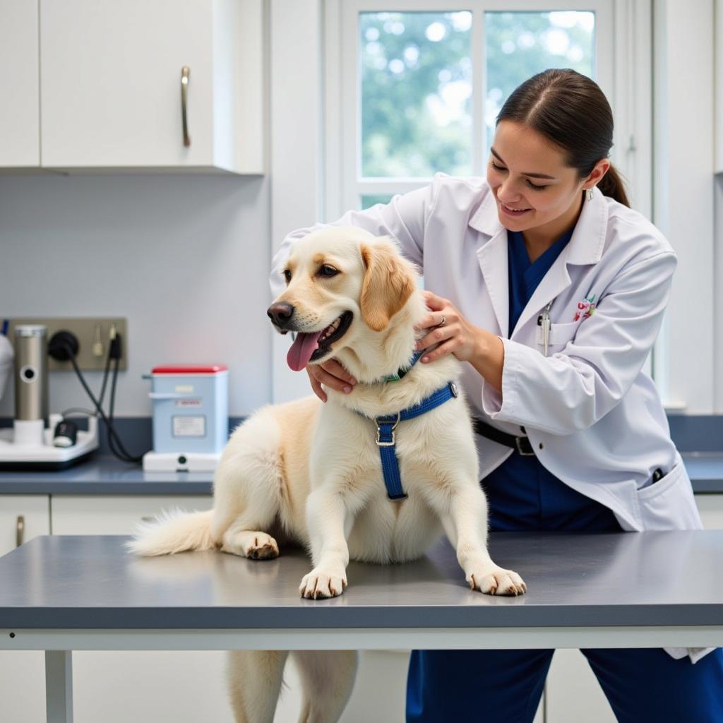 A veterinarian conducting a check-up on a dog in one of Jacksonville Community Pet Clinic's exam rooms