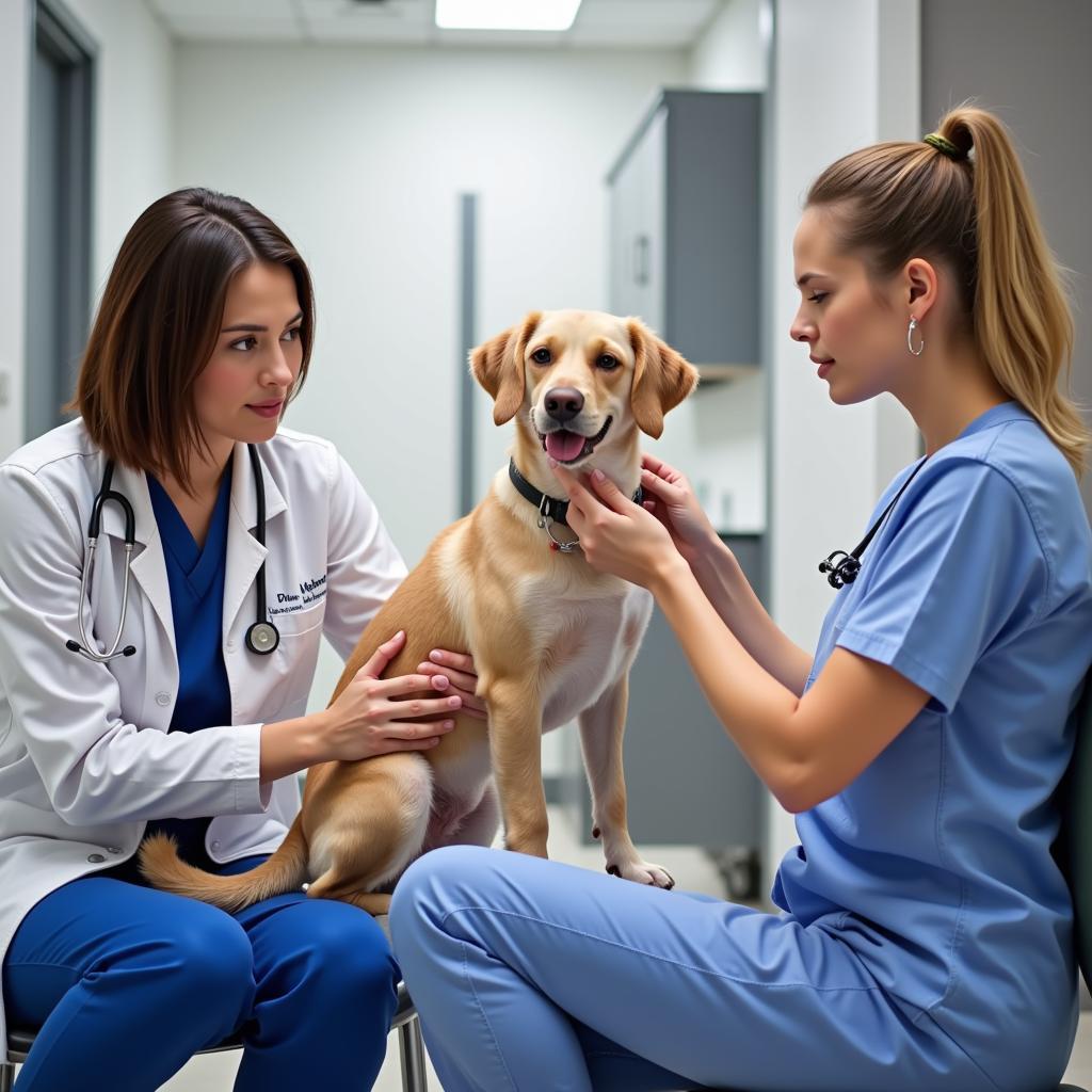 A veterinarian discussing a pet's health with their owner in a consultation room