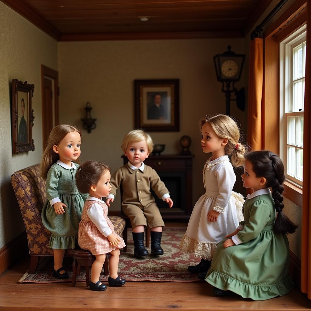 Victorian Dollhouse Scene Depicting a Family Gathering